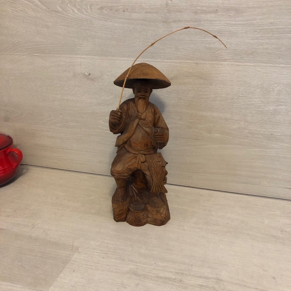 Vintage Hand Carved Asian Fisherman w/ Fish on string & removable Hat See Video